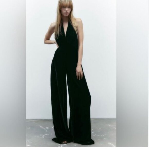 Zara Velvet Halter Jumpsuit Black Sz L - Picture 3 of 11